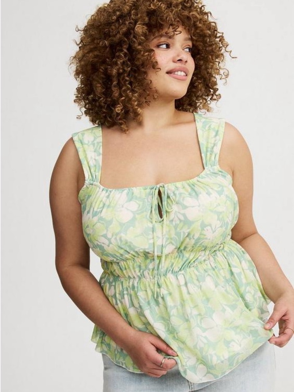 Torrid Floral Babydoll Tank Top Green White Size 4 (4X)